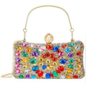 Multicolor Rhinestone Clutch w/Chain Strap